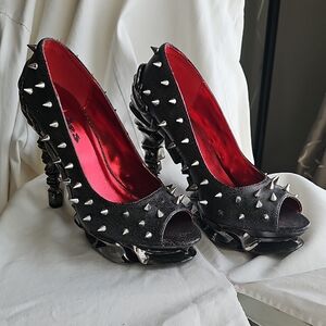 Edgy Black and Red Peep-Toe Heels with Studs